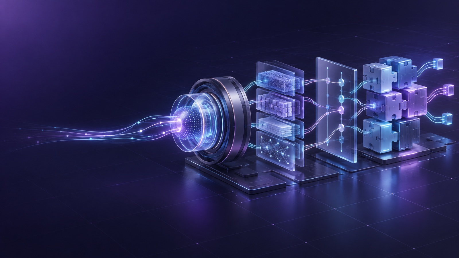无文字抽象概念图:一条发光运行链穿过圆形推理核心、分层检索模块、透明权限门和可组合版本模块,左侧保留暗色留白